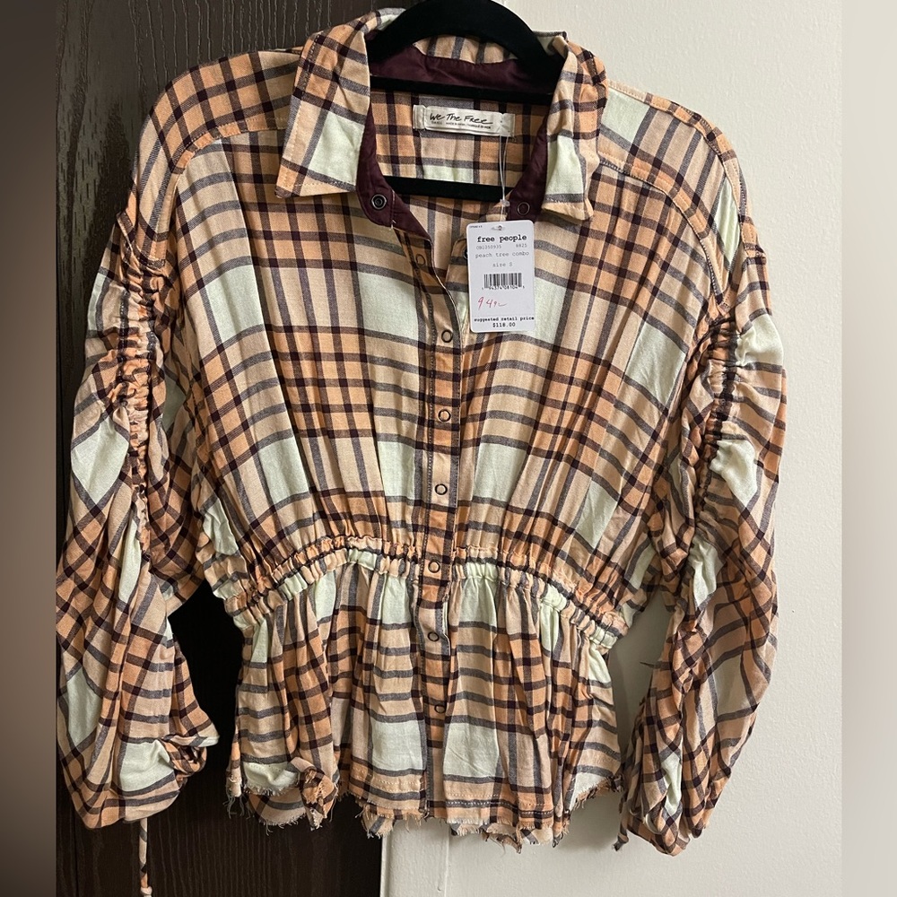 Free People Peach tree plaid shirt size small